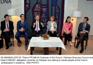 ISLAMABAD,APR 05: Thierry PFLIMLIN Chairman of the French, Pakistan Business Council and head of MEDEF delegation currently on Pakistan tour talking to media people at the French ambassadors residence.. DNA PHOTO