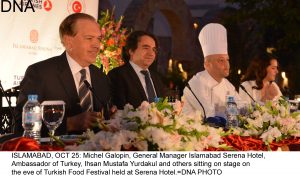 ISLAMABAD, OCT 25: Michel Galopin, General Manager Islamabad Serena Hotel, Ambassador of Turkey, Ihsan Mustafa Yurdakul and others sitting on stage on the eve of Turkish Food Festival held at Serena Hotel.=DNA PHOTO