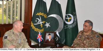 COASRAWALPINDI, DEC 07: Lt. General Sir John Lorimer, Commander Joint Operations United Kingdom, in a meeting with General Qamar Javed Bajwa, Chief of army staff (COAS) at GHQ on Wednesday.=DNA