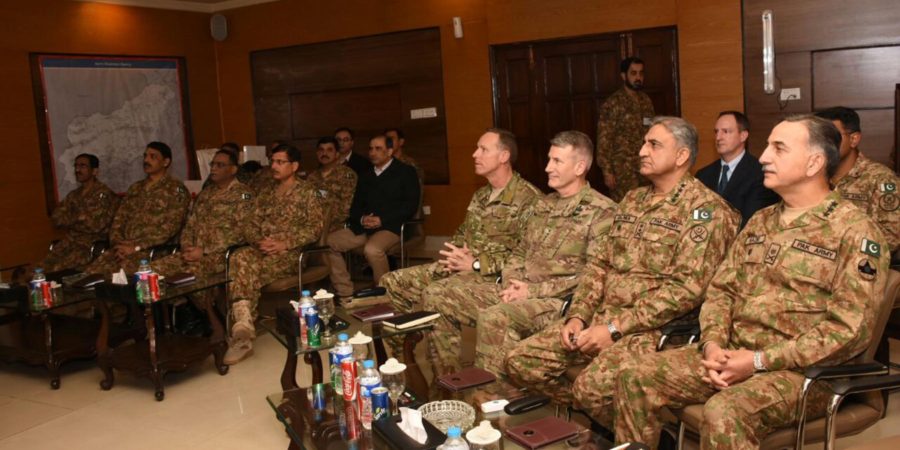 RSM MIRANSHAH, JAN 09: COAS General Qamar Javed Bajwa and General John Nicholson, Commander Resolute Support Mission (RSM) being briefed during their visit to Miranshah, NWA. =DNA PHOTO