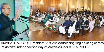 ISLAMABAD, AUG 14: President, Arif Alvi addressing flag hoisting ceremony on Pakistan's independence day at Aiwan-e-Sadr.=DNA PHOTO